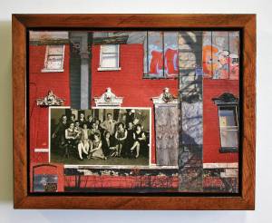 Party House (Framed in Recycled Wood)  9.5"h x 11.5"w x 2"d  Mixed Media with found photo